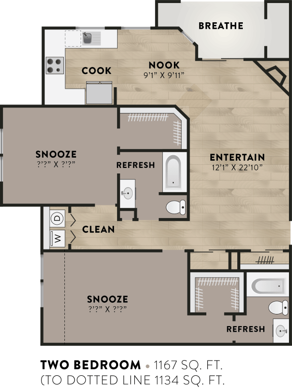 2x2 - 2 Bedroom 2 Bath Floor Plan Layout - 1167 Square Feet