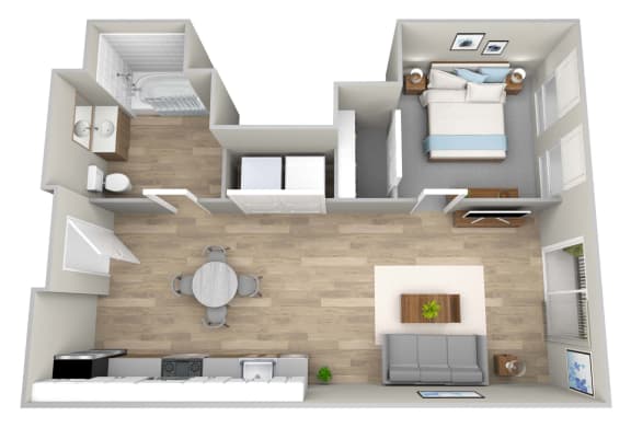 a 3d rendering of our 1 bedroom apartment at the crossings at white marsh apartments in white