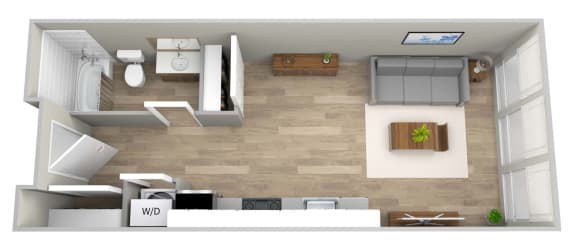 arial view of a 1 bedroom apartment with wood flooring and a balcony