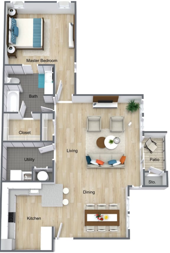 3D image of one bedroom floor plan
