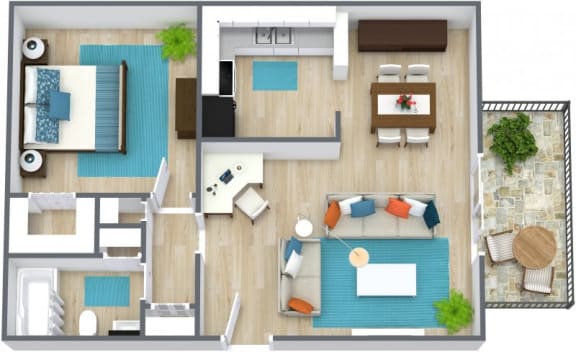 Three dimensional rendering of a one bedroom floor plan at Chouteau Heights in Kansas City, Missouri