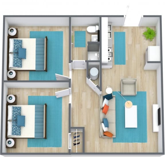 3d floor plan of two bedroom