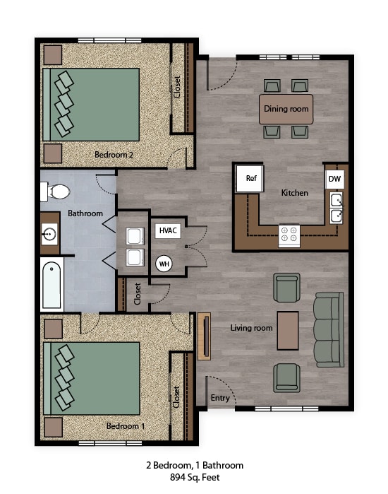 Tremont Green Mutual Housing Community 2 bedroom 1 bath flat floorplan