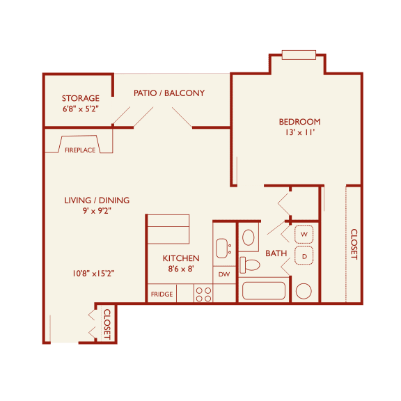 Brentwood Oaks Apartments 1x1 B Floor Plan