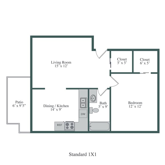 Floor Plan  Fox Pointe Apartments 1x1 Floor Plan