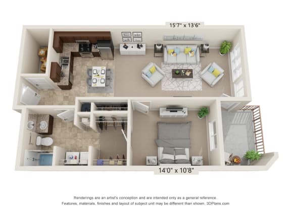 1 Bedroom Floor Plan at Brooklyn West, Missoula, 59808