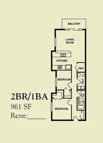 2 Bed 1 bath Floor Plan at River Walk Apartments, Idaho, 83702