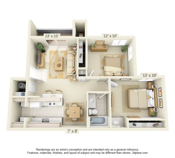 Valley River Court Apartments 2x1 Floor Plan 864 Square Feet