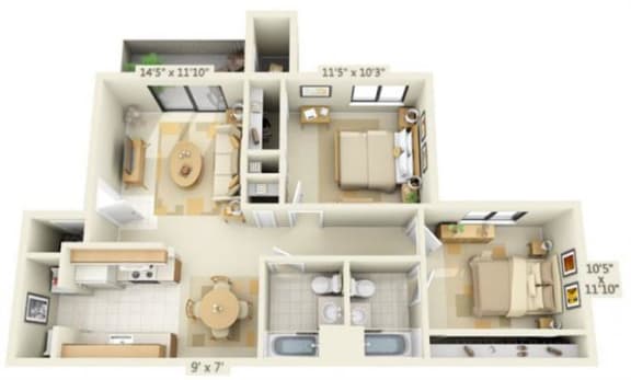 Zinfandel Village Apartments 2x2 Floor Plan 880 Square Feet