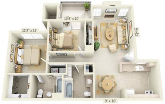 Rocklin Gold Apartments 2x2 Floor Plan 1074 Square Feet