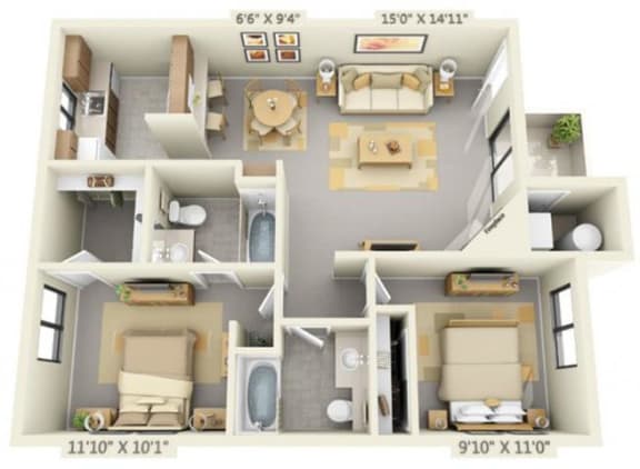 Pepperwood Apartments 2x2 Floor Plan 859 Square Feet