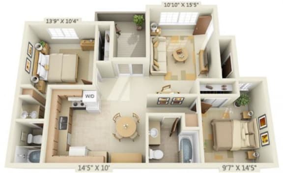Woodbridge Apartments 2x2 Floor Plan 875 Square Feet