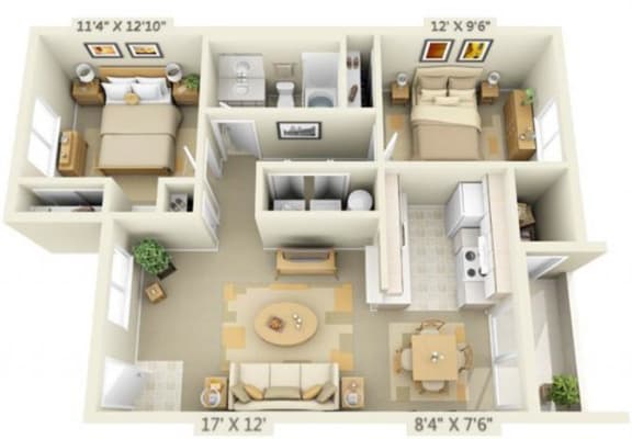 Elmonica Court Apartments 2x1.3 Floor Plan 900 Square Feet
