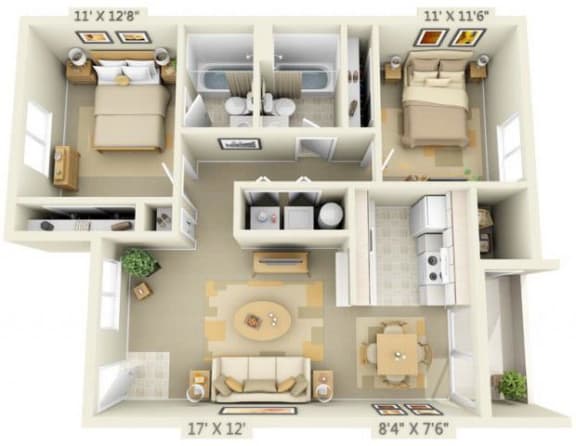 Elmonica Court Apartments 2x2 Floor Plan 920 Square Feet