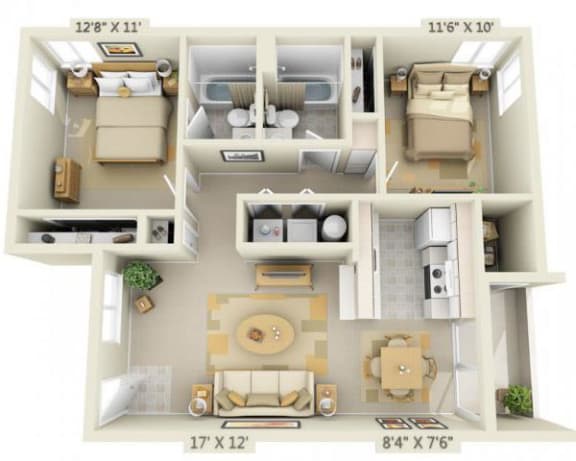 Crown Court Apartments 2x2 Floor Plan 881 Square Feet