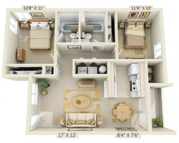Creekside Village Apartments 2x2 Floor Plan B 916 Square Feet