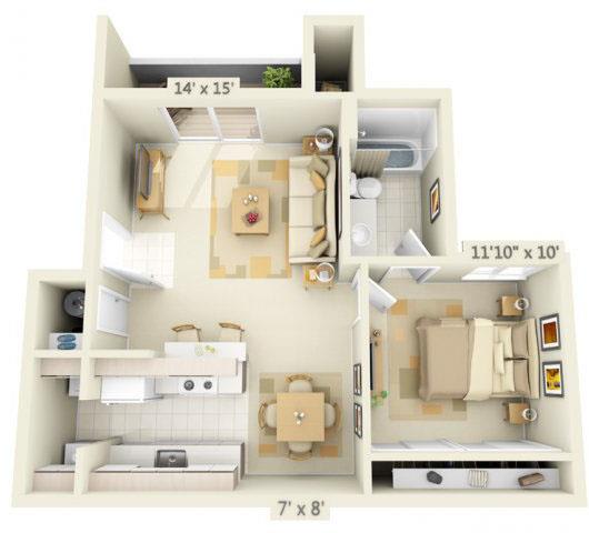 Valley River Court Apartments 1x1 Floor Plan 680 Square Feet