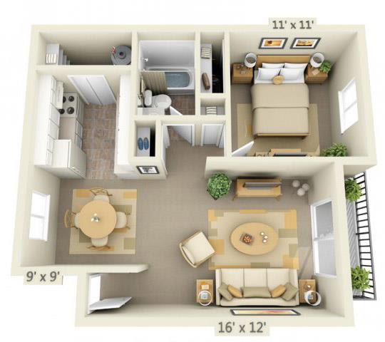 Cornell Woods Apartments 1x1 Floor Plan 592 Square Feet