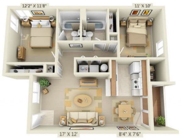Martinazzi Village Apartments 2x2 Floor Plan 875 Square Feet
