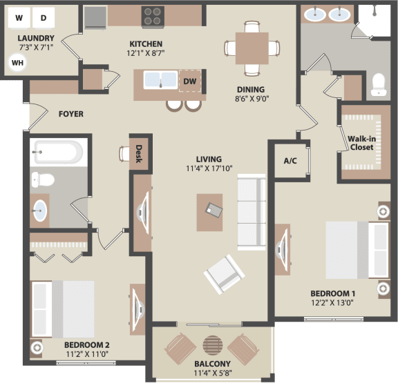 Floor Plan  Fountain Villas The Falls 2 BD 2 Bath 1191 sqft