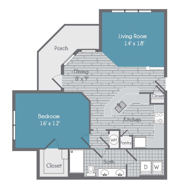 1 bedroom 1 bath architecture drawing of A1C floor plan