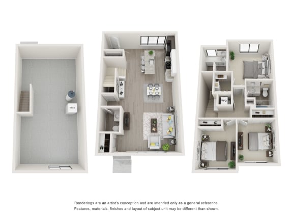Floor plan of Maple Place townhome, 3-bedroom style (all 3 levels)