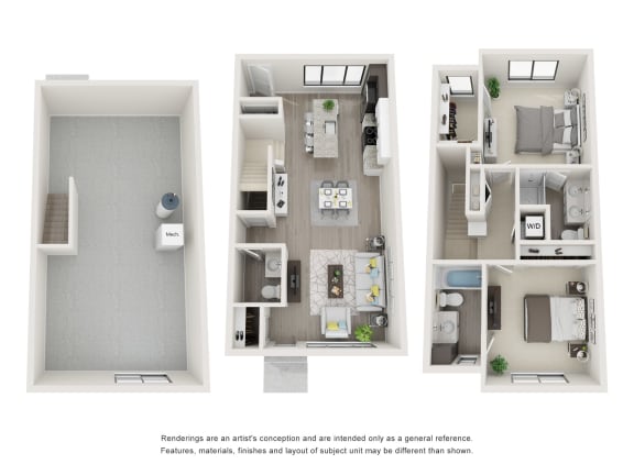 Floor plan of Maple Place townhome, standard style (all 3 levels)