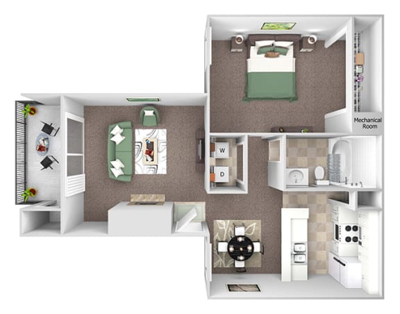 East Chase - A1 floor plan - 1 bed 1 bath - 3D