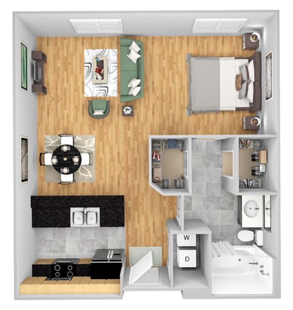 Lofts at Lakeview - A2 - 1 Bedroom 1 Bath - 2D Floor Plan - 3D floor plan