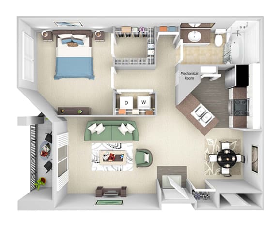 Park Del Mar - A2 - Monet - 1 bedroom - 1 bathroom - 3D Floor Plan