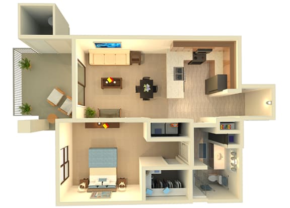 Almeria at Ocotillo A3 floor plan - 1 bedroom 1 bath - 3D
