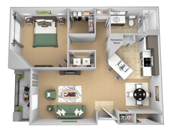 Asprey floor plan - A2 Ascott - 1 bedroom and 1 bath - 3D Floor Plan