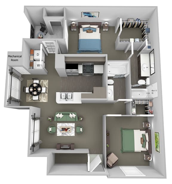 Weston Point - B1 - 2 bed - 1 bath - 3D floor plan