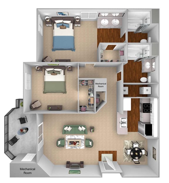 Mountain Shadows Apartments - B1 (Bahia) - 2 Bedroom and 2 bath - 3D floor plan