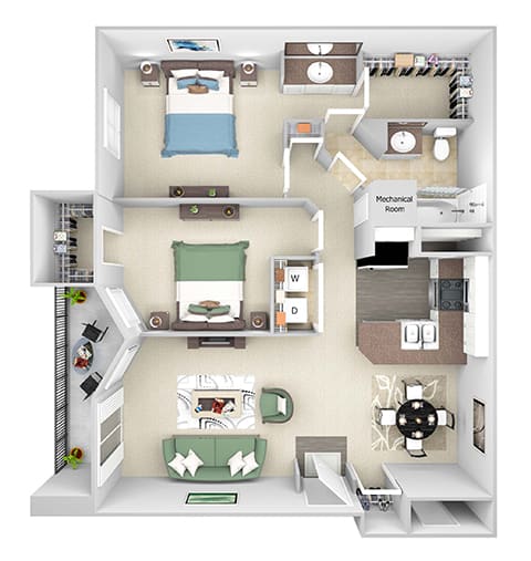 Park Del Mar - B1 - Bellini - 2 bedroom - 1 bathroom - 3D floor plan