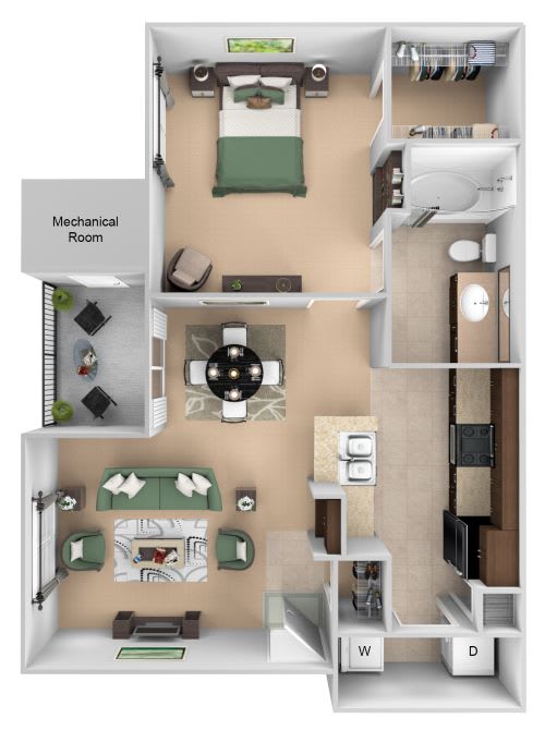 Courtney Station floor plan A1 - 1 bedroom 1 bath - 3D