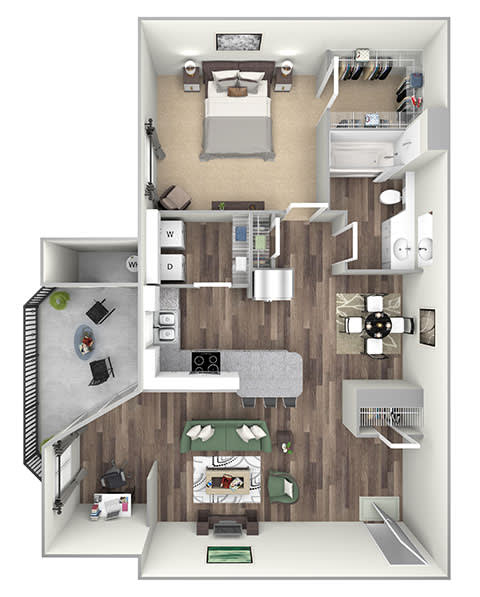 Willow Springs Apartments floor plan A2 Amherst 1 bed 1 bath 3D