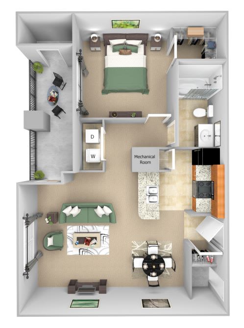 Cordillera Ranch Apartments floor plan - A2 (Bello) - 1 bedroom 1 bath - 3D