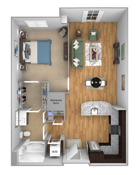 Urban Green Apartments A2 floor plan - 1 bed 1 bath - 3D