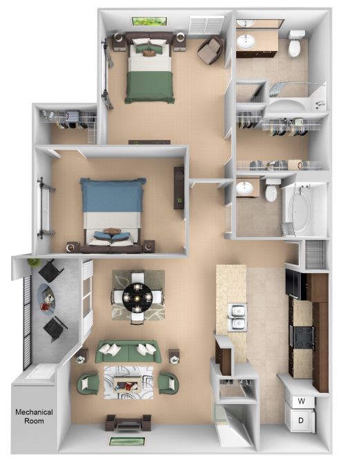 Courtney Station floor plan B1 - 2 bedroom 2 bath - 3D