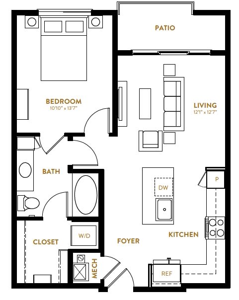 A1 One Bedroom One Bath Floor Plan at Berkshire Pullman, Frisco