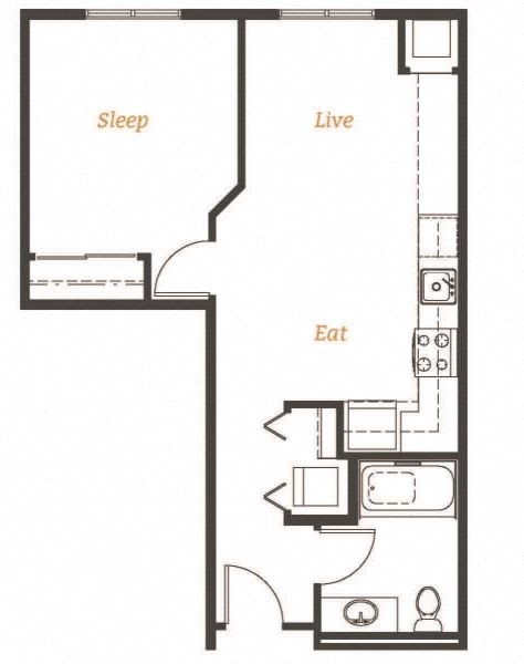 576 square Feet, 1 bedroom 1 bath, A1 Floorplan