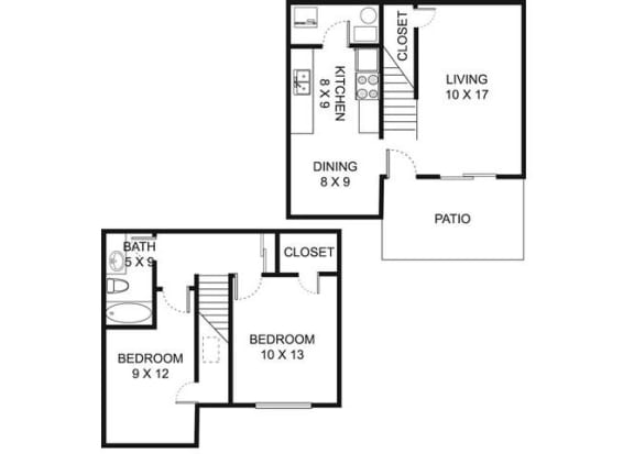 2 bed 2 bath floor plan A at Bedford Commons Apartments &amp; Heathermoor Apartments, Columbus, OH, 43235