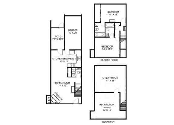 2 bed 2 bath floor plan  at Bedford Commons Apartments &amp; Heathermoor Apartments, Ohio, 43235