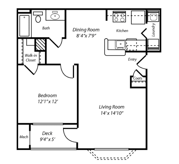 1 Bedroom 1 Bath Floor Plan at Ellington Metro West, Westborough, MA, 01581