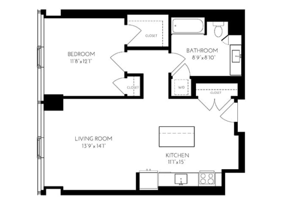 One Bedroom One Bathroom 1 D - 1  Floorplan at The Benjamin Seaport Residences, Boston, 02210
