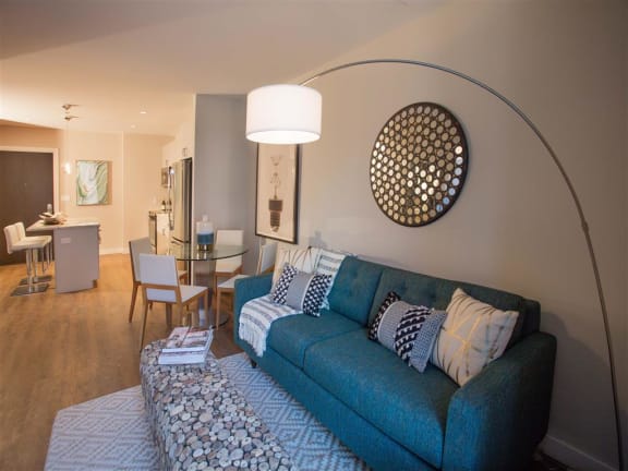 Modern Living Room at Via Seaport Residences, Boston, 02210