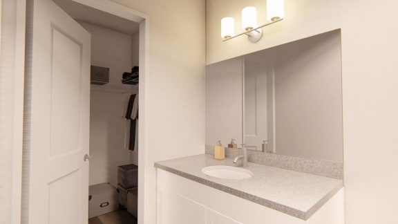 Sanctuary - First Primary Bathroom at Brownstones at Palisade Park Apartments, Chartered Holdings, Broomfield