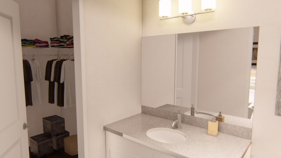 Bathroom With Adequate Storage at Brownstones at Palisade Park Apartments, Chartered Holdings, Broomfield, Colorado