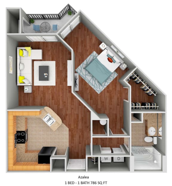 1 Bedroom 1 bath floor plan. Peninsula type kitchen with large walk in closet and spacious living room area.